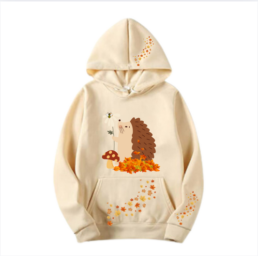 The Cosy Bee Autumn Bee and Hedgehog Hoodie in Beige